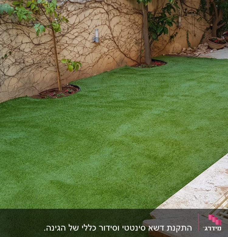 דשא סינתטי, עצים, צינור השקיה, עציצים עם פרחים